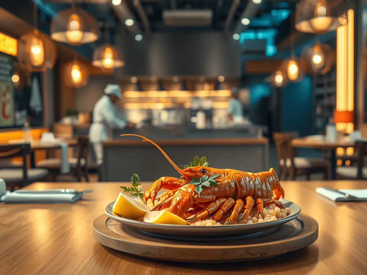 甲添虾餐厅堂食环境，展示小龙虾菜品和厨房场景
