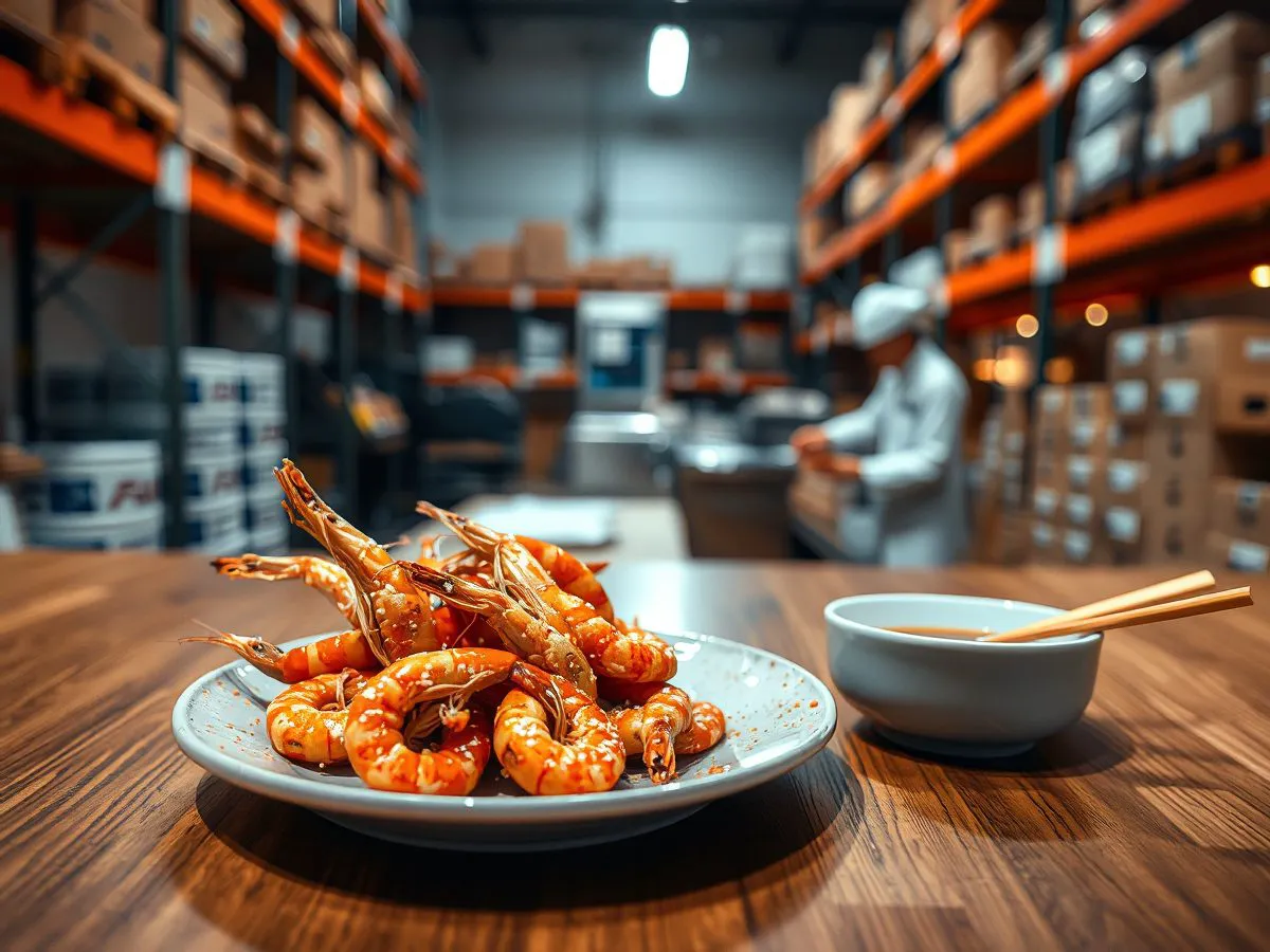 椒盐皮皮虾菜品展示与餐饮服务场景
